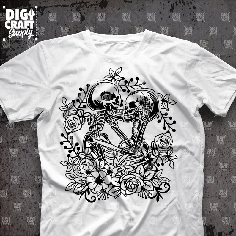 May include: Black and white illustration of two skeletons embracing and kissing, surrounded by floral designs.