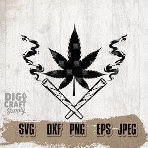 Pode incluir: Silhueta preta e branca de uma folha de marijuana com dois cigarros cruzados, cada um com fumaça subindo deles.