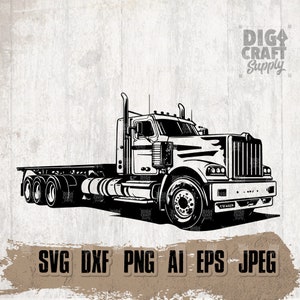 Könnte beinhalten: Schwarz-weiße Silhouette eines Sattelzuges mit einem Flachbettauflieger. Der LKW hat eine große Kabine mit einem detaillierten Kühlergrill und Scheinwerfern. Der Anhänger ist leer und hat eine Flachbettkonstruktion. Das Bild ist vor einem weißen Hintergrund.