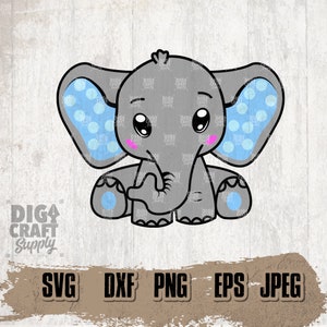 Puede incluir: Una ilustración de dibujos animados de un elefante gris con orejas azules con lunares. El elefante tiene ojos grandes y negros y mejillas rosadas. El elefante está sentado con la trompa levantada.