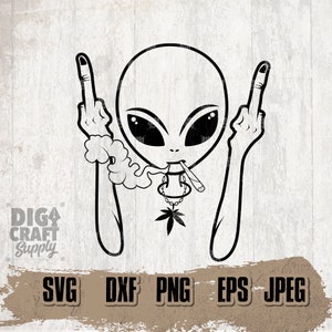 May include: Black and white line art illustration of an alien with large eyes and a cigarette in its mouth. The alien is giving the middle finger with both hands. The alien is wearing a necklace with a marijuana leaf pendant.