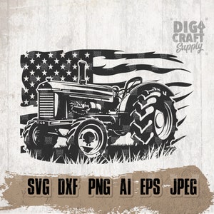 May include: Black and white illustration of a tractor driving through a field of grass with an American flag waving in the background. The tractor has a large rear tire and the text "DIGA CRAFT Supply" is in the upper right corner of the image.