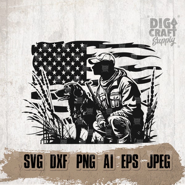 US Duck Hunting svg, Hunter Dad Gift Idea dxf, USA Waterfowl Clipart, Camp Scene Cutfile, CampLife Shirt png, Outdoor Stencil, Labrador Dog