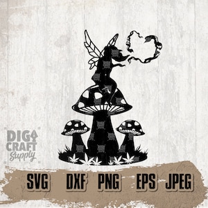 May include: Black silhouette of a fairy sitting on a mushroom with a cloud of smoke coming from her mouth. Three mushrooms are in the foreground with a leafy design at the base.