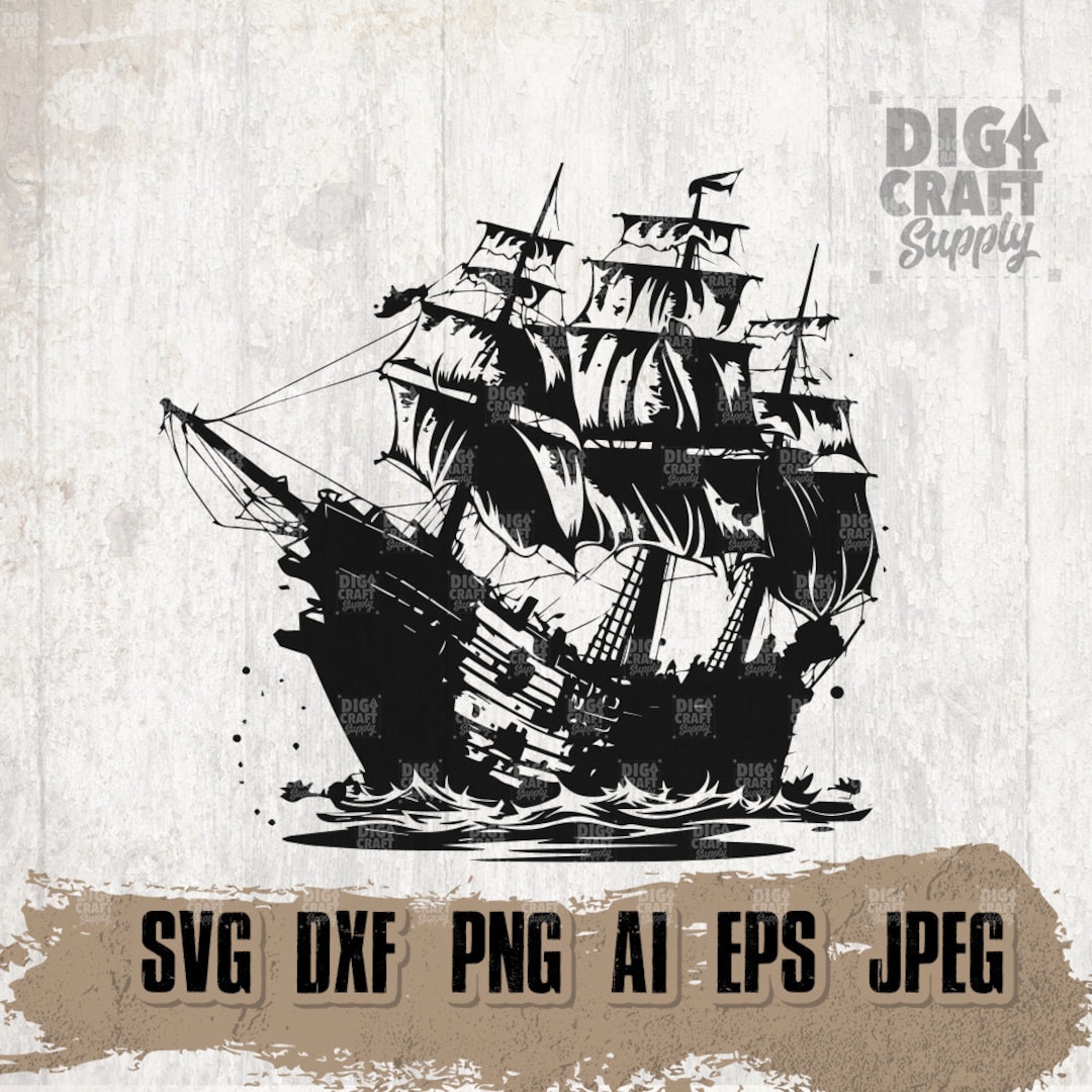 Pirate Ship Svg, Black Big Boat Cutfile, Bad Captain Stencil, Von