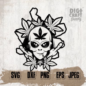 May include: Black and white illustration of an alien with a marijuana leaf on its head, giving the middle finger with both hands. The alien is surrounded by marijuana leaves.