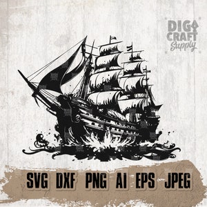 Pirate Ship svg, Black Big Boat Cutfile, Bad Captain Stencil, Von Voyage dxf, Caribbean Sail Clipart, Sailing Seafarer Shirt png, Tidal Wave