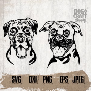 May include: Two black and white illustrations of boxer dogs. The dogs are facing forward with their tongues sticking out. The illustrations are in a simple, stylized design.