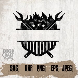 May include: Black and white silhouette of a grill with flames and the text "Grill Master" above it. The grill has a striped design and two crossed grilling tools. The text "DIGA CRAFT Supply" is in the lower left corner. The text "SVG DXF PNG EPS JPEG" is in the lower right corner.