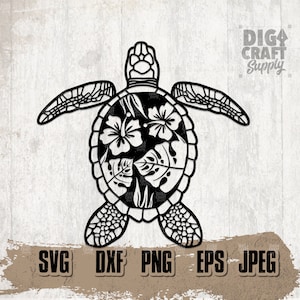 May include: Black and white silhouette of a turtle with a floral design on its shell. The design includes hibiscus flowers and leaves. The turtle is facing forward with its head up.