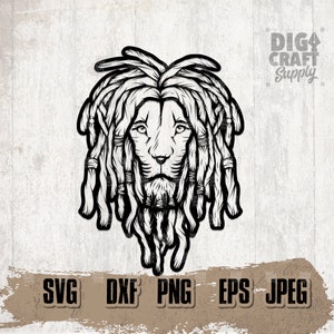May include: Black and white line art illustration of a lion with dreadlocks. The lion's face is centered in the image and the dreadlocks are flowing down around the lion's head.