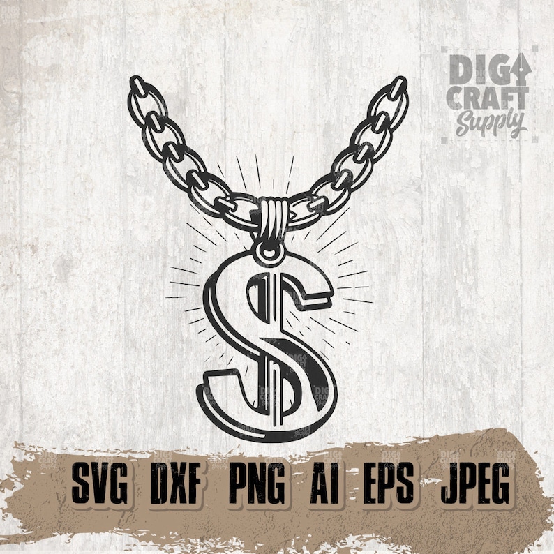 Op de afbeelding: Zwart-witte illustratie van een dollartekenhanger aan een ketting. De hanger heeft een gestructureerd ontwerp en is omgeven door een uitbarsting van lichtstralen. De tekst "DIGI CRAFT Supply" staat in de rechterbovenhoek van de afbeelding.