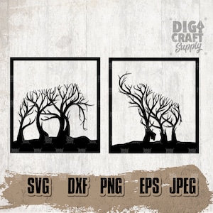 Puede incluir: Dos imágenes en silueta negra y blanca de árboles con ramas en forma de animal. Las imágenes están enmarcadas en cuadrados negros. El texto "DIGA CRAFT Supply" está en la parte superior de la imagen.