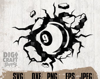 May include: A black and white illustration of a billiard ball with the number 9 on it breaking through a cracked wall. The ball is in the center of the image and the cracks are radiating out from it.