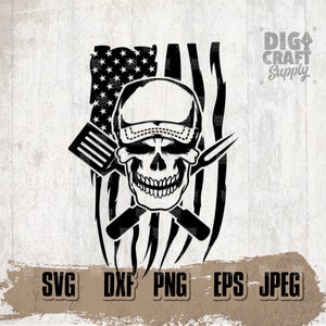 May include: Black and white silhouette of a skull wearing a baseball cap, crossed grilling tools, and an American flag in the background. The text "DIGI CRAFT Supply" is in the upper right corner.