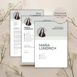 May include: A digital download of a resume template. The template features a headshot of a woman, with the name "Maria Lundrich" in a bold, black font. The resume has a light green and white color scheme, with the words "Digital Download PDF I PNG" in the upper right corner.