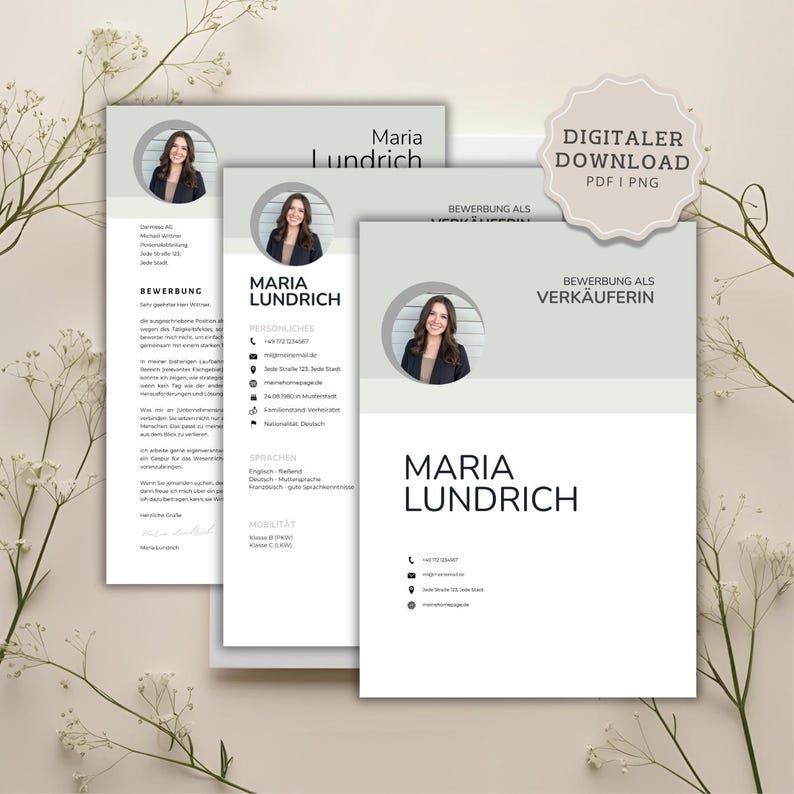 May include: A digital download of a resume template. The template features a headshot of a woman, with the name "Maria Lundrich" in a bold, black font. The resume has a light green and white color scheme, with the words "Digital Download PDF I PNG" in the upper right corner.