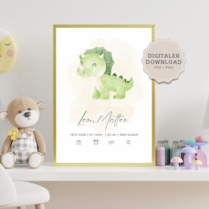 Personalisierbares Dino Poster mit Name & Geburtsdaten | Baby Geschenk zur Geburt | Kinderzimmer Deko Junge Mädchen | Geburtsposter Baby