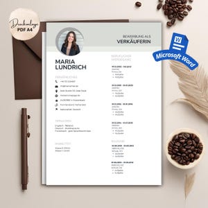 May include: A resume template in PDF A4 format with the name Maria Lundrich. The resume includes sections for personal information, languages, and work experience. The design is modern, with a photo and a Microsoft Word logo.