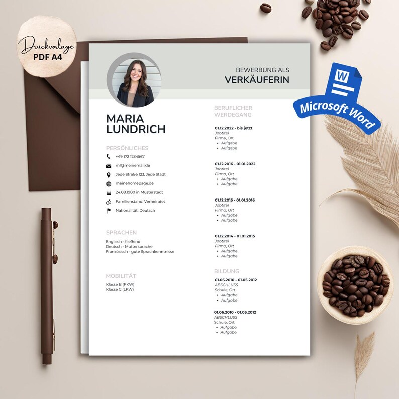 May include: A resume template in PDF A4 format with the name Maria Lundrich. The resume includes sections for personal information, languages, and work experience. The design is modern, with a photo and a Microsoft Word logo.
