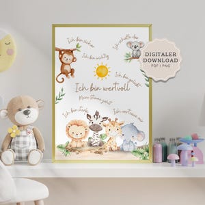 May include: A framed print featuring watercolor illustrations of a monkey, koala, lion, zebra, giraffe, and elephant. The print includes German text with phrases like "I am valuable" and "I am strong," along with a sun illustration. A digital download is also available.