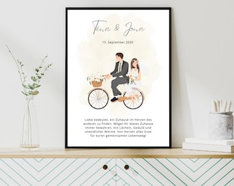 Personalized Wedding Gift Poster | Boho Bride and Groom on Bicycle | Wedding Picture with Names & Date | Modern Minimalist | PDF PNG