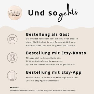 May include: A beige graphic with text in German, including "Bestellung als Gast" and "Bestellung mit Etsy-Konto." The image also features a circular logo with the text "Druckvorlage PDF A4" and icons of an envelope, the Etsy logo, and a smartphone.