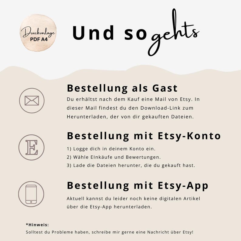 May include: A beige graphic with text in German, including "Bestellung als Gast" and "Bestellung mit Etsy-Konto." The image also features a circular logo with the text "Druckvorlage PDF A4" and icons of an envelope, the Etsy logo, and a smartphone.