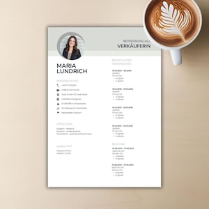 May include: A resume template with a photo of a woman, Maria Lundrich, and sections for personal information, work experience, education, and skills. A cup of coffee with latte art is in the upper right corner.