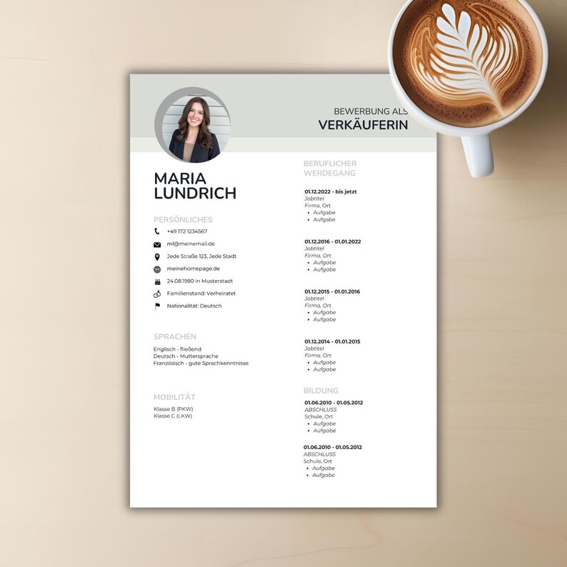 May include: A resume template with a photo of a woman, Maria Lundrich, and sections for personal information, work experience, education, and skills. A cup of coffee with latte art is in the upper right corner.