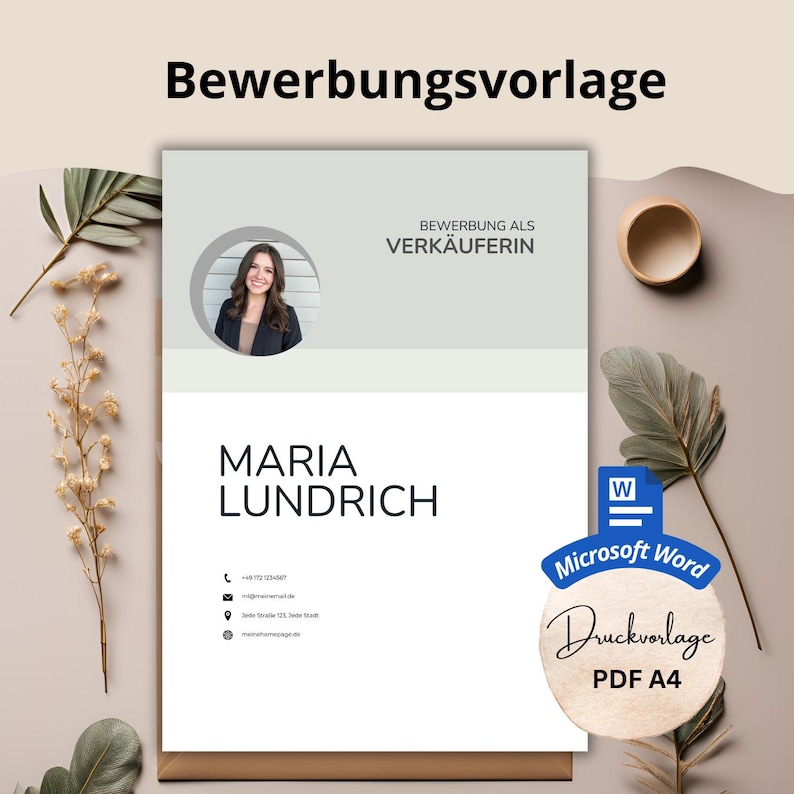 May include: A resume template with the name "Maria Lundrich" in a modern design. The template includes a photo, contact information, and the text "Bewerbung als Verk&auml;uferin". The design also includes a Microsoft Word and PDF A4 logo.