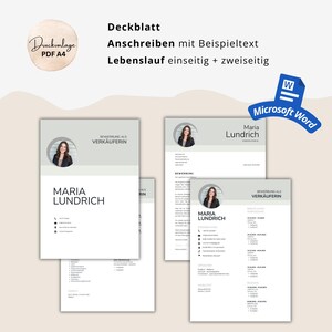 May include: A set of resume templates with a professional design. The templates include a cover letter, resume, and a Microsoft Word logo. The text includes "Maria Lundrich" and "Application as a Saleswoman".