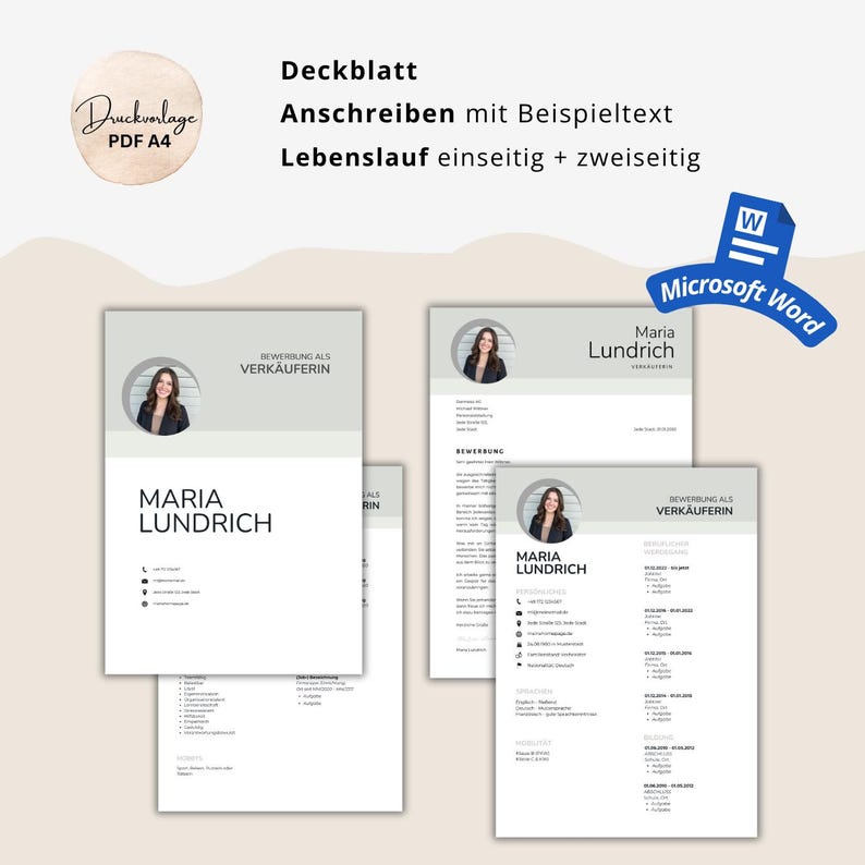 May include: A set of resume templates with a professional design. The templates include a cover letter, resume, and a Microsoft Word logo. The text includes "Maria Lundrich" and "Application as a Saleswoman".