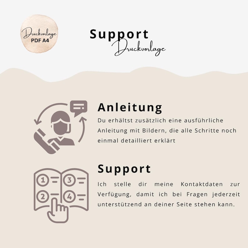 May include: A beige graphic with the text "Druckvorlage PDF A4" in a circle. The image includes the words "Support" and "Anleitung" with illustrations of a person on the phone and a book with numbered steps. Text states support is available.