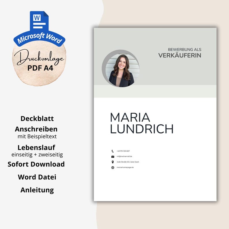 May include: A resume template with the text "Microsoft Word" and "Druckvorlage PDF A4". The resume includes the name "Maria Lundrich" and contact information. Additional text includes "Deckblatt", "Anschreiben", "Lebenslauf", "Sofort Download", "Word Datei", and "Anleitung".