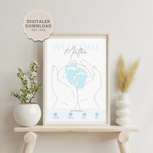 Birth poster with footprint | Gift for birth | Baby poster for children&#39;s rooms | Personalized wall picture | PDF download | Baby room decoration