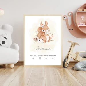 Personalisierbares Eichhörnchen Poster mit Name & Geburtsdaten | Baby Geschenk zur Geburt | Kinderzimmer Deko Junge Mädchen | Geburtsposter