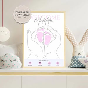 Birth poster with footprint | Gift for birth | Baby poster for children&#39;s rooms | Personalized wall picture | PDF download | Baby room decoration