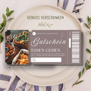 Dinerbon, Restaurantbon sjabloon PDF, Digitaal bestand direct te downloaden, Cadeau voor koppels, familie en vrienden, peetouders