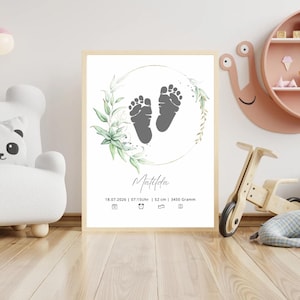 Birth poster with footprint | Gift for birth | Baby poster for children&#39;s rooms | Personalized wall picture | PDF download | Baby room decoration