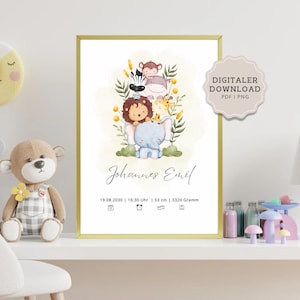 May include: A framed print featuring a watercolor illustration of various jungle animals stacked together. The print includes the name "Johannes Emil", date, time, height (53 cm), and weight (3320 grams). The text "DIGITALER DOWNLOAD PDF I PNG" is also present.