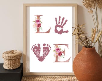 LOVE Bild mit Hand- & Fußabdruck | DIY Geschenk für Papa, Mama, Paten, Tanten, Oma | Baby Abdruck Poster | Sofort Download PDF I Geburtstag