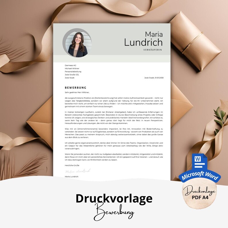 May include: A resume template with the name "Maria Lundrich" at the top. The document is in German and includes a photo of a woman. The words "Microsoft Word" and "PDF A4" are visible.