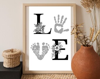 LOVE Bild mit Hand- & Fußabdruck | DIY Geschenk für Papa, Mama, Paten, Tanten, Oma | Baby Abdruck Poster | Sofort Download PDF I Geburtstag