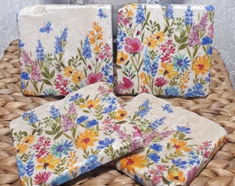 ditsy floral coasters | colourful decor | rainbow coasters | rainbow decor |  cottagecore coasters | natural stone coasters | Anthropologie