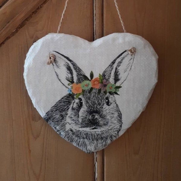 Rabbit floral 15cm hanging heart decoration | cottagecore home decor | shabbychic gift | cotswolds decor | rabbit gift | slate heart