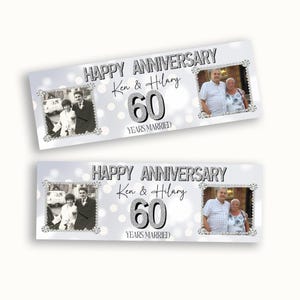 May include: Two banners with the text "HAPPY ANNIVERSARY Ken & Hilary 60 YEARS MARRIED". Each banner has two framed photos of a couple. The background is light gray with white bokeh.