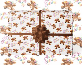 Highland Cow Birthday Wrapping Paper | Cute Farm Animal Gift Wrap | Floral Cowgirl Happy Birthday Paper