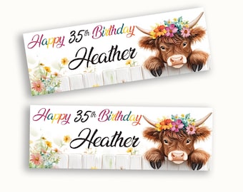 Personalised Highland Cow Birthday Banner | Cute Farm Theme Party Décor | Rustic Barnyard Birthday Sign | Party Favour UK