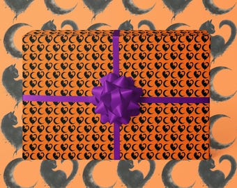 Orange Halloween Wrapping Paper | Black Cat & Crescent Moon Gift Wrap | Witchy Watercolour Gift Wrap | A3 A2 A1 Sizes